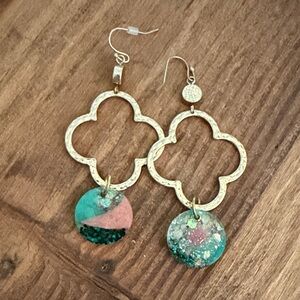 Gold Clover Drop Earrings with Teal and Pink Resin Discs